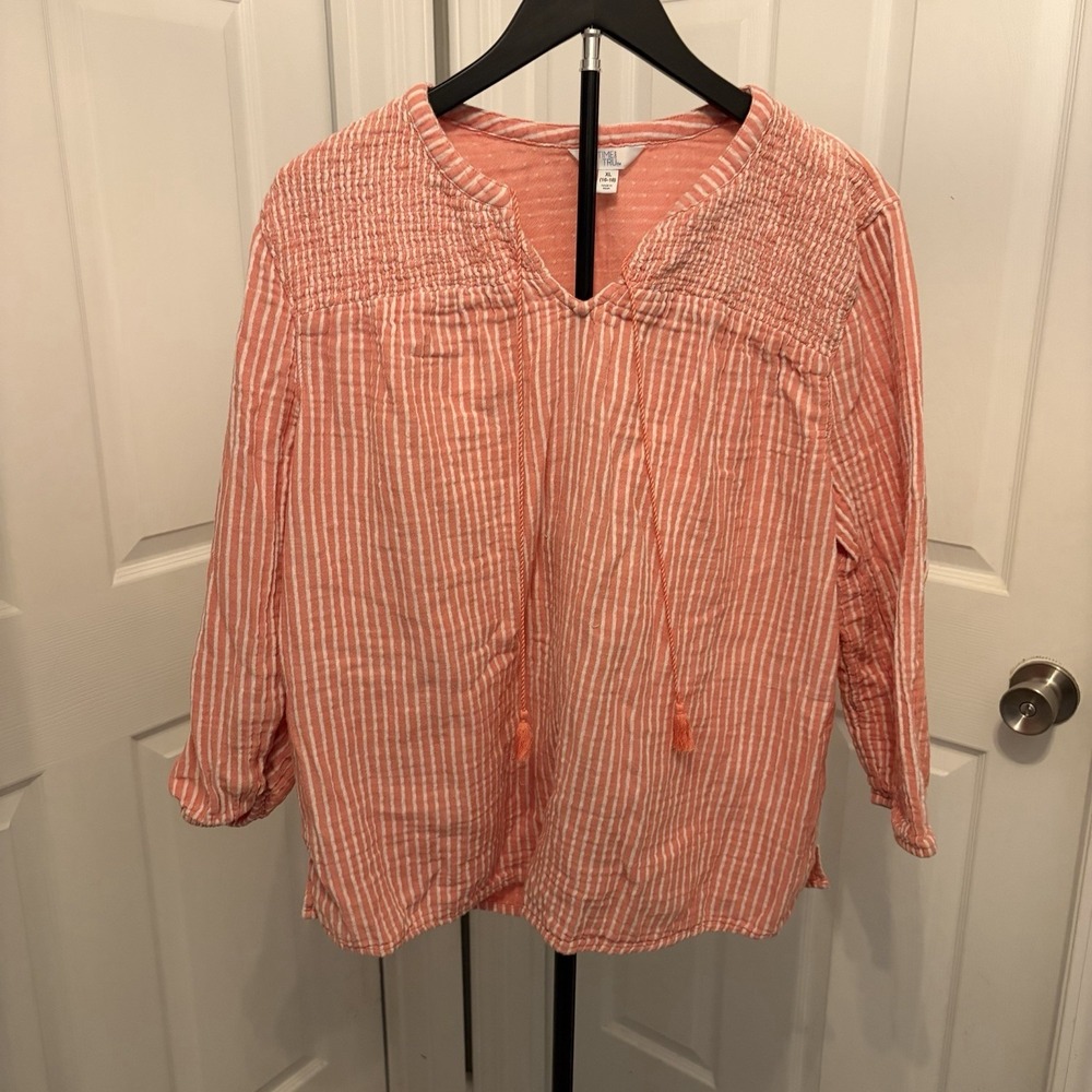 Time and Tru Tunic Vertical Stripes Orange White xl Crinkle Weave Breathable EUC